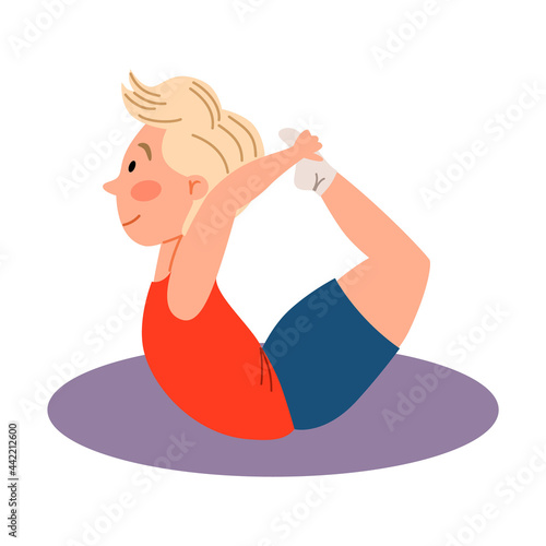 Childrenes sports gymnastics. The boy is lying on his stomach, his hands clinging to his legs. Exercises for the back. Vector illustration in a flat style on a white isolated background.