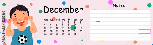 Glider wall calendar template for the year 2022 month of December. A cute child makes a grimace, shows his tongue. The week starts on Mondays. Flat cartoon style.