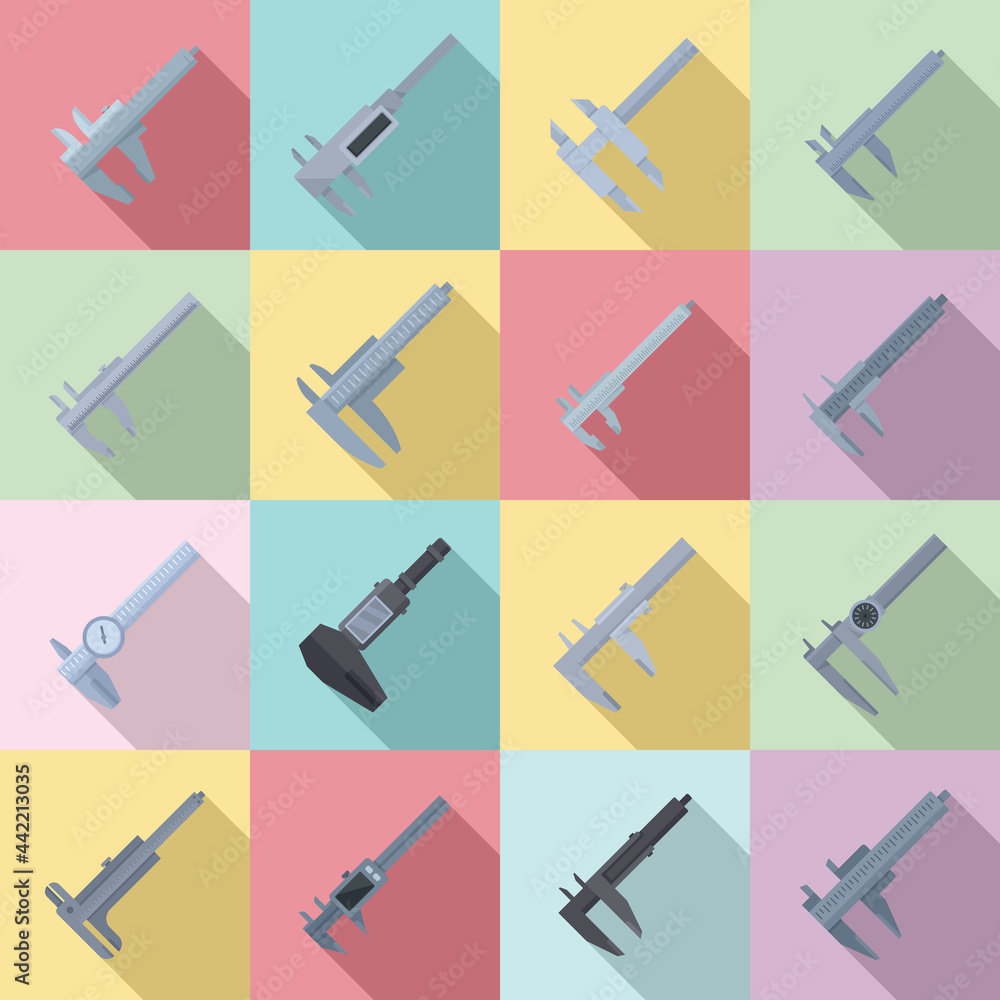 Calipers icons set flat vector. Calibrated trammel Calipers icons set flat vector. Calibrated trammel
