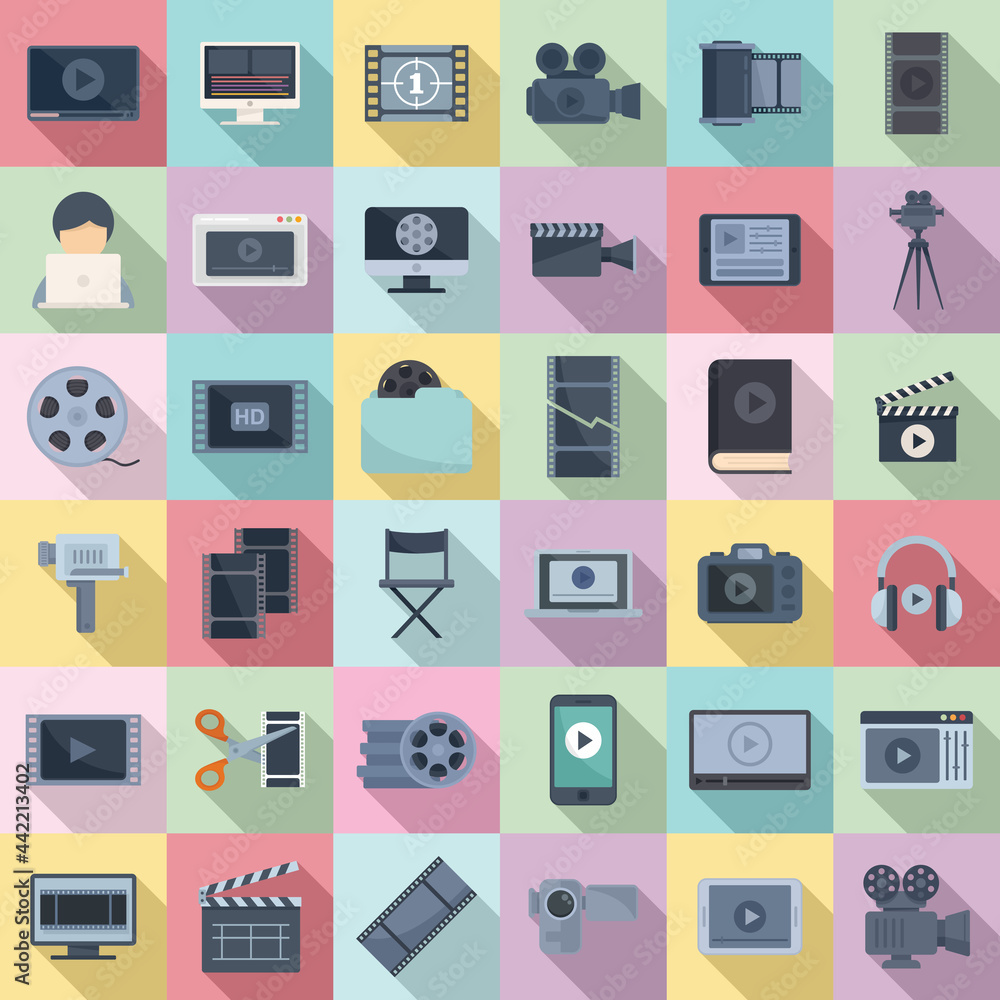 Video editing icons set flat vector. Screen audio player Video editing icons set flat vector. Screen audio player