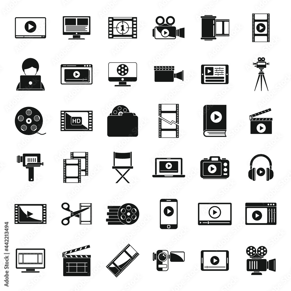 Screen video editing icons set simple vector. Online player Screen video editing icons set simple vector. Online player
