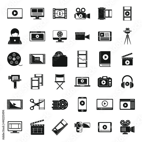 Screen video editing icons set simple vector. Online player