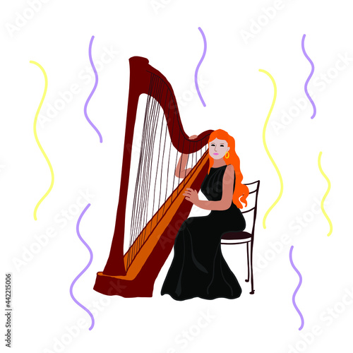 beautiful woman with red hair in elegant black dress sits on chair and plays old brown harp in studio.Vector stock flat illustration isolated on a white background.