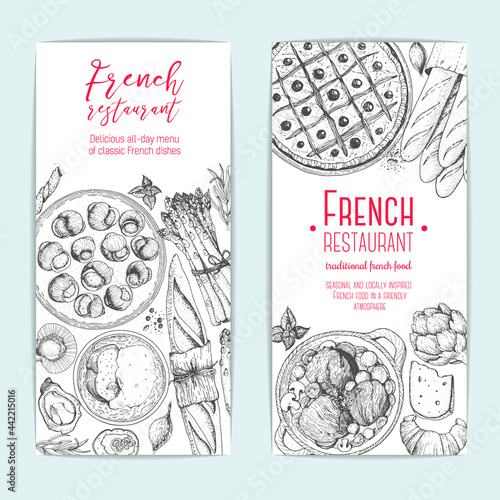 French food flyers design template. Vertical banners set. Vector illustration with bakery, cheese, pissaladier, escargot, beef bourguignon. French Cuisine restaurant menu.