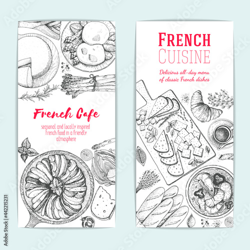 French food design template. Vertical flyers set. Vector illustration with poached eggs, bakery, cheese, ratatouille. French Cuisine restaurant menu. Hand drawn sketch vector banners.