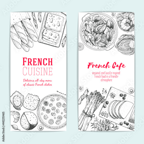 French food flyers design template. Vertical banners set. Vector illustration with bakery, cheese, beef bourguignon, foie gras, mussels. French Cuisine restaurant menu.