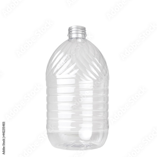 Photo of an empty water bottle on a white background.