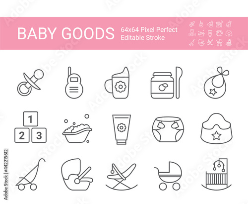 Icon set with baby goods. Editable vector stroke. 64x64 Pixel Perfect.
