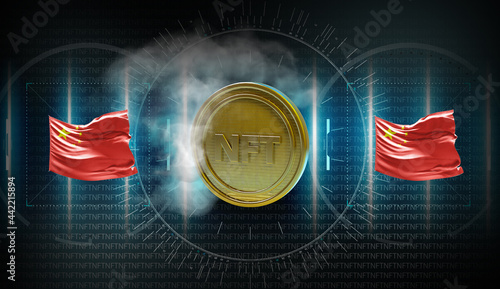 Photography 3d rendering illustration of NFT non fungible token for crypto art on China colorful flag background