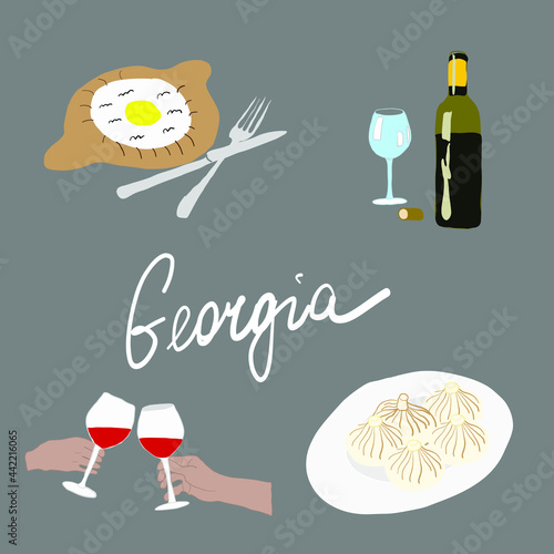 Georgian traditional symbols and sights set collection with food and other symbols ornament and traditional culture vector colorful illustration
