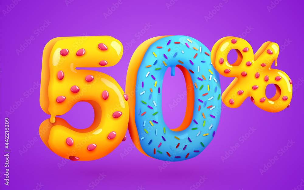 50 percent Off. Discount dessert composition. 3d mega sale 50% symbol with flying sweet donut numbers. Sale banner or poster.