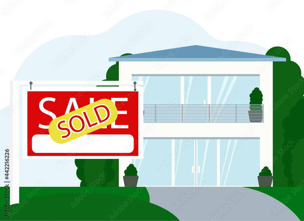 Illustration of a modern house, next to a billboard with the text SALE and sticker sold