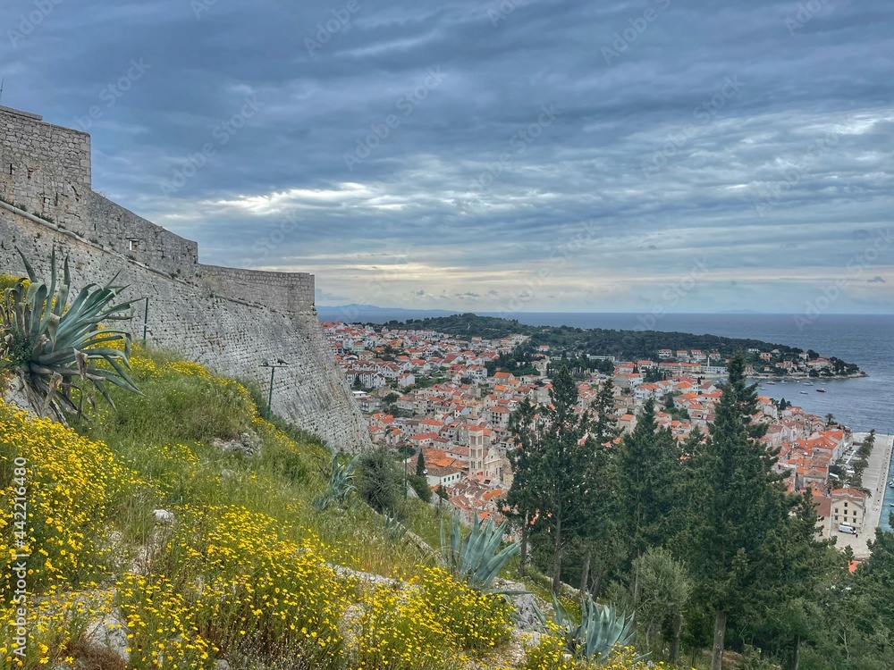 HVAR, CROATIA, April 2021. - Fortica fortress and the view toward town of Hvar and Adriatic sea. Beautiful spring day. 