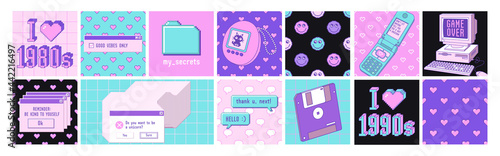 Old computer aesthetic 1980s -1990s. Square posters. Sticker pack with retro pc elements.