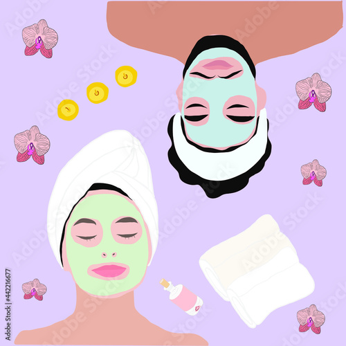 Relaxed Man and woman with facial mask in towel on his head. Concept of relaxation in SPA salon. man and woman in spa top view Vector colorful illustration with hand drawn text