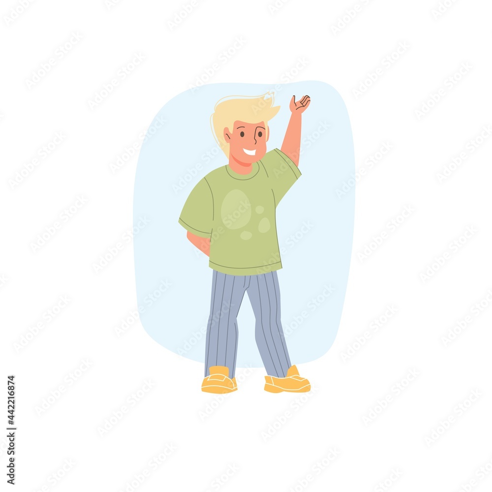Vector cartoon flat boy character kid happy greeting,waving hand- children's fashion,kids clothing,communication,friendship social concept