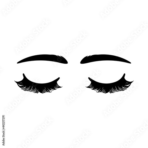 Closed female eyes, eyelashes, and eyebrows. Long beautiful eyelashes on isolated white background. Makeup, mascara, fashion. Vector illustration. For the logo of a beauty salon, lash extensions maker
