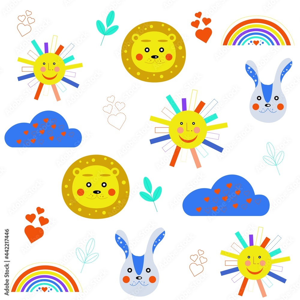 seamless summer children's pattern with a cloud, sun, rainbow, lion, heart, leaf seamless summer children's pattern with a cloud, sun, rainbow, lion, heart, leaf