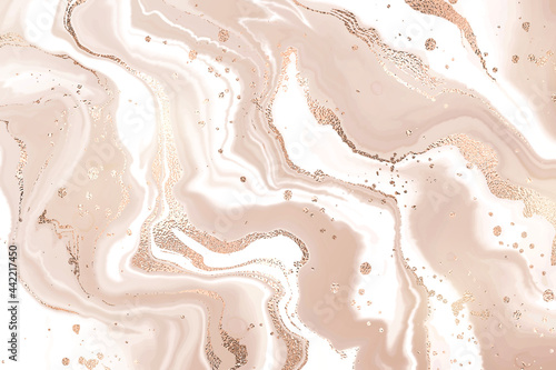 Abstract dusty rose liquid marble or watercolor background with glitter foil textured stripes. Pastel marbled alcohol ink drawing effect. Vector illustration design template for wedding invitation