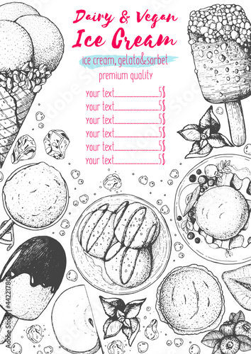 Ice cream top view frame. Vector sketch for vintage menu design. Hand drawn food elements with ice cream, berries and fruits.