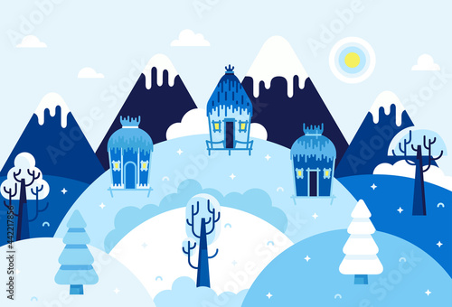 Three huts stand on a snow covered hill, winter landscape, fields, mountains, trees in the snow. Vector cartoon illustration in flat cartoon stile