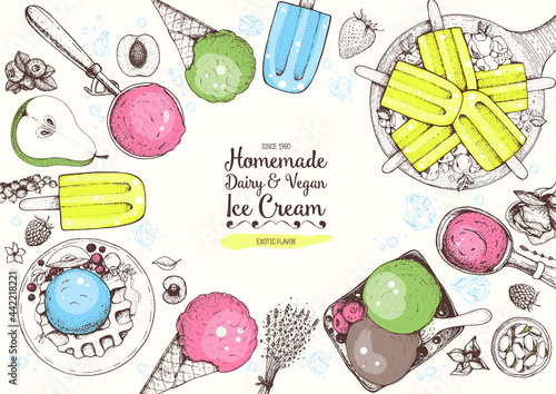 Ice cream top view frame. Vector sketch for vintage menu design. Hand drawn food elements with ice cream, berries and fruits.