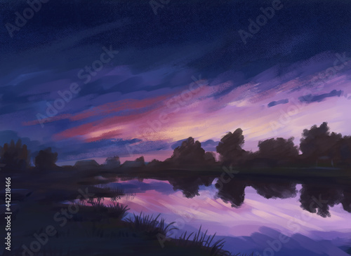 Colorful raster landscape of evening lake beach. Digital drawing of beautiful sunset nature. Artistic background in oil painting style for card, print, poster, picture, panno, illustration, wallpaper.