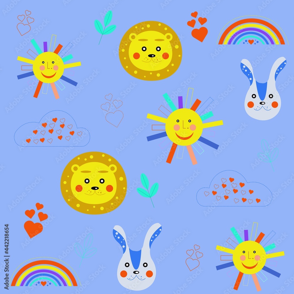seamless summer children's pattern with a cloud, sun, rainbow, lion, heart, leaf