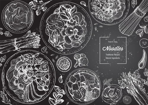 Asian food engraved sketch. Noodle dishes top view frame. Food menu design with cooked noodles . Vintage hand drawn sketch vector illustration. Asian cuisine menu background.