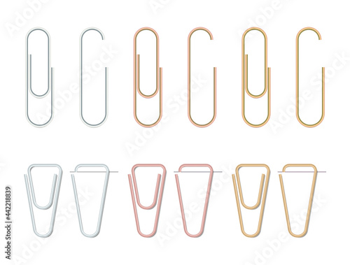 Realistic paper clips set. Silver,bronze and gold color. Paperclip icon. Steel stationery. Paper clips attached to a sheet of paper. Vector illustration on white background. photo