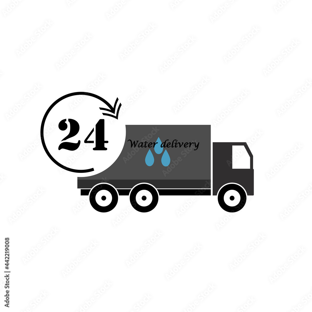 water delivery icon, water truck, round the clock, water in heat, symbol, vector illustration water delivery icon, water truck, round the clock, water in heat, symbol, vector illustration