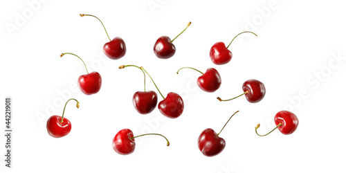 Ripe juicy red cherry berries flying isolated on white