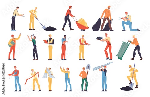 Set of vector cartoon flat industrial worker characters at work.Engineer workers at oil gas production,road construction,building repair,garbage removal works-web online site banner ad concept