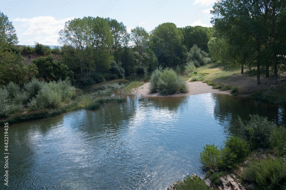 View of Ebro river at Frias, taking from the ancient stone bridge. Merindades, Burgos, Spain, Europe