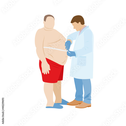 fat male patient undergoes body mass index measurements. the doctor measures the patient's abdomen and waist. obese man. a nutritionist is watching a fat man with a belly. stock vector illustration.
