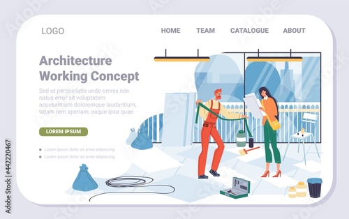 Vector cartoon flat industrial worker characters,office renovation landing page design.Builder workers repair,decorate new office building-interior repairs,renovation,design,web site banner concept