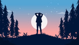 Young male standing alone in front of moon outdoors in nature with hands on head, contemplating and thinking. Vector illustration. 