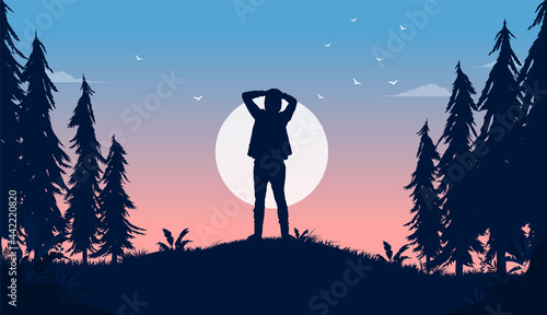 Young male standing alone in front of moon outdoors in nature with hands on head, contemplating and thinking. Vector illustration. 