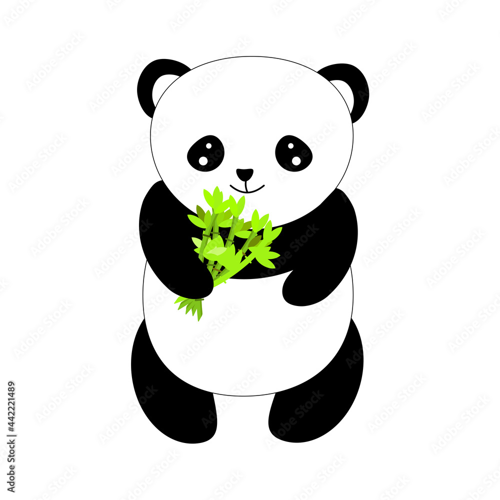 Obraz premium Funny little panda. Flat vector of funny little panda . Cartoon character of cute bamboo bear. Panda holdind bamboo. Graphic design for children print, sticker.