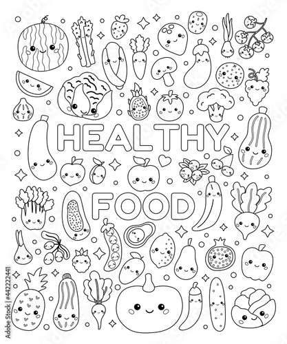 Doodle coloring page with cute vegetables and fruits. Set of healthy food with funny faces. Kawaii cartoon characters. Black and white outline vector illustration.