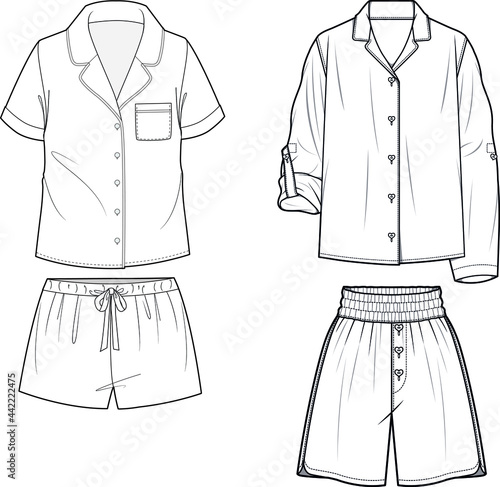 Technical sketch of woman pyjama sleepwear in vector. Pajamas with top and shorts. flat sketch vector. Fashion illustration. front and back view. mockup.  photo