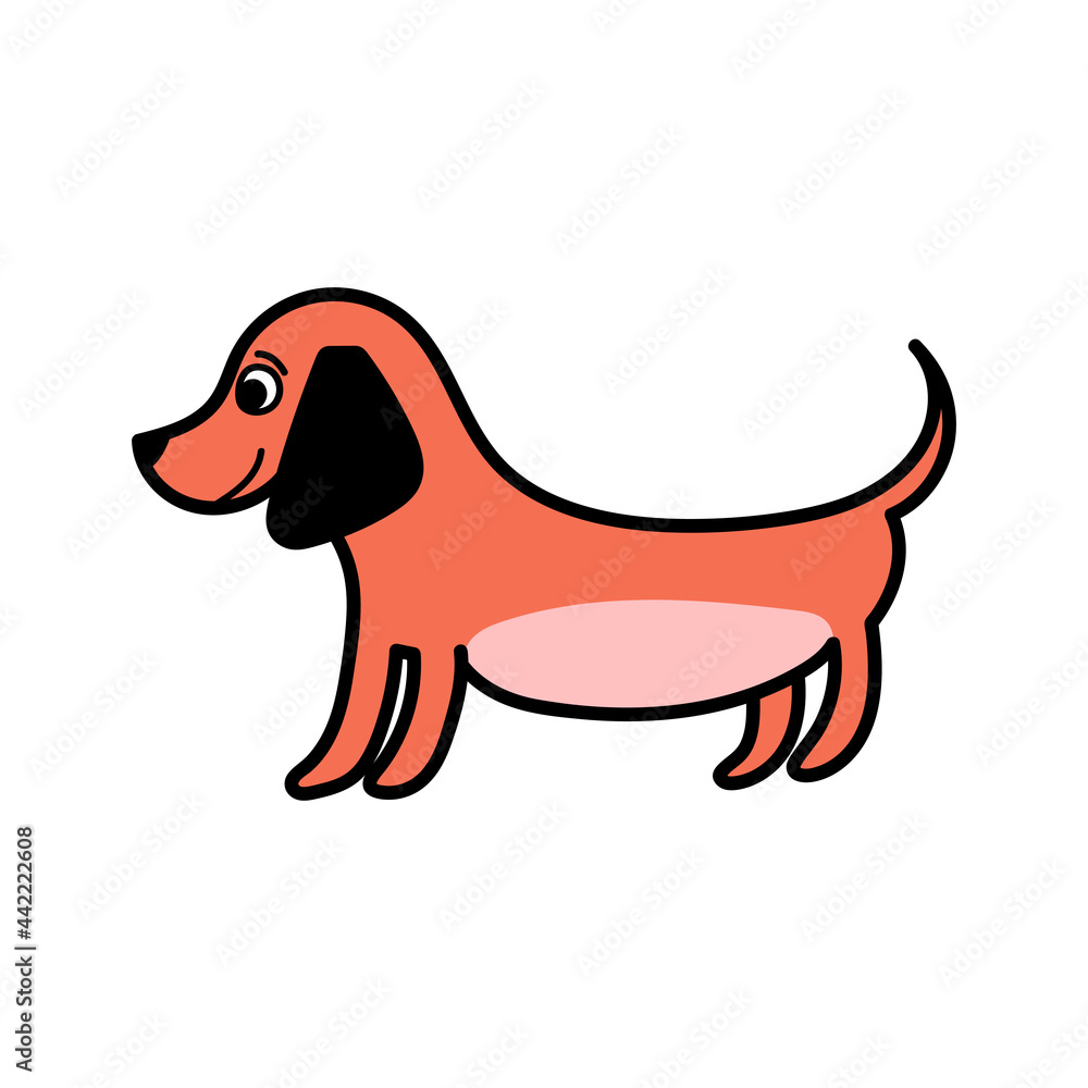 Vector illustration with a cute little Dachshund dog in a cartoon style, an isolated element on a white background. Illustrations for pet stores, posters, prints, clothing.