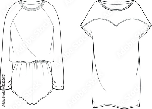 Technical sketch of woman pajama sleepwear in vector illustration. baggy top. Isolated vector template. mockup. 