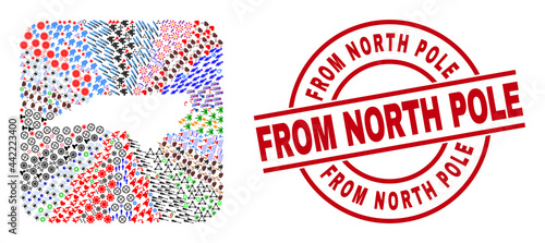 Vector collage North Carolina State map of different symbols and From North Pole stamp. Mosaic North Carolina State map designed as carved shape from rounded square shape.
