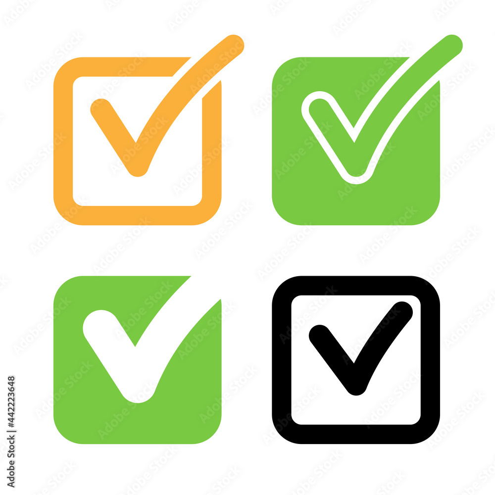 Check list icon box. Checkmark right vector shape sign. Correct mark vote symbol. Red green blue orange colors Check list icon box. Checkmark right vector shape sign. Correct mark vote symbol. Red green blue orange colors