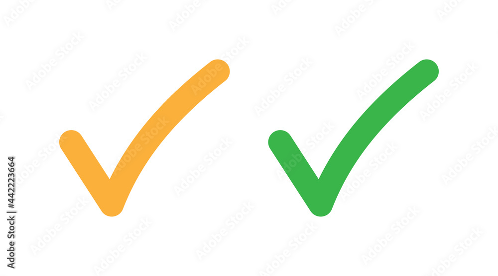Green and orange ticks. Checkmark right icon, vector marker shape sign. Correct mark vote symbol. Green and orange ticks. Checkmark right icon, vector marker shape sign. Correct mark vote symbol.