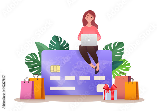 Credit card or contactless payment business concept. Vector flat illustration of woman using laptop sitting on top of a credit card. Online shopping concept.
