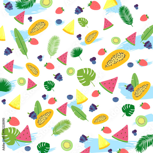 tasty and bright tropical fruit pattern on white background  with blue swabs