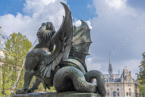 Paris, France - 05 02 2021: Latin quarter. Saint-Michel fountain, struggle of good against evil.