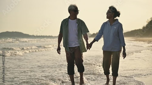 Asian senior couple tourist wear sunglasses hand in hand walking in sea water on beach in summer holiday. Happy family woman and man gray hair elderly older retire relax together on seaside outdoor. 